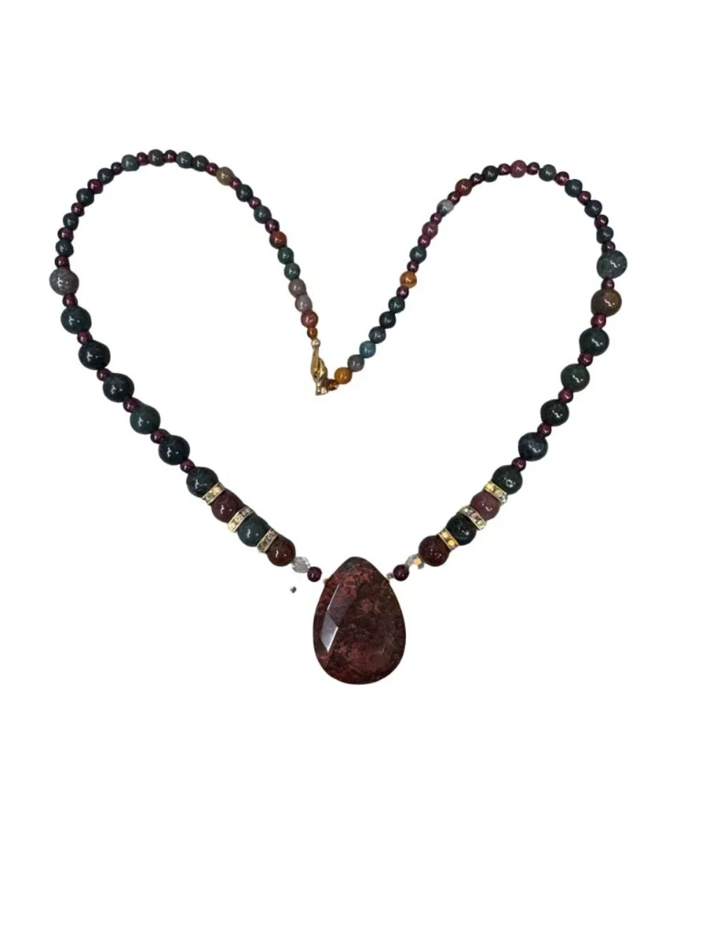 Vintage Jasper Adventurine Garnet Beaded Necklace Teardrop Pendant Statement 25" - Picture 9 of 10